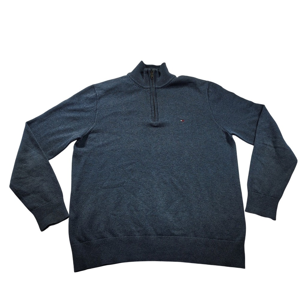 Vintage Tommy Hilfiger Mens XL Quarter Zip Sweater Navy Blue Cotton Pullover